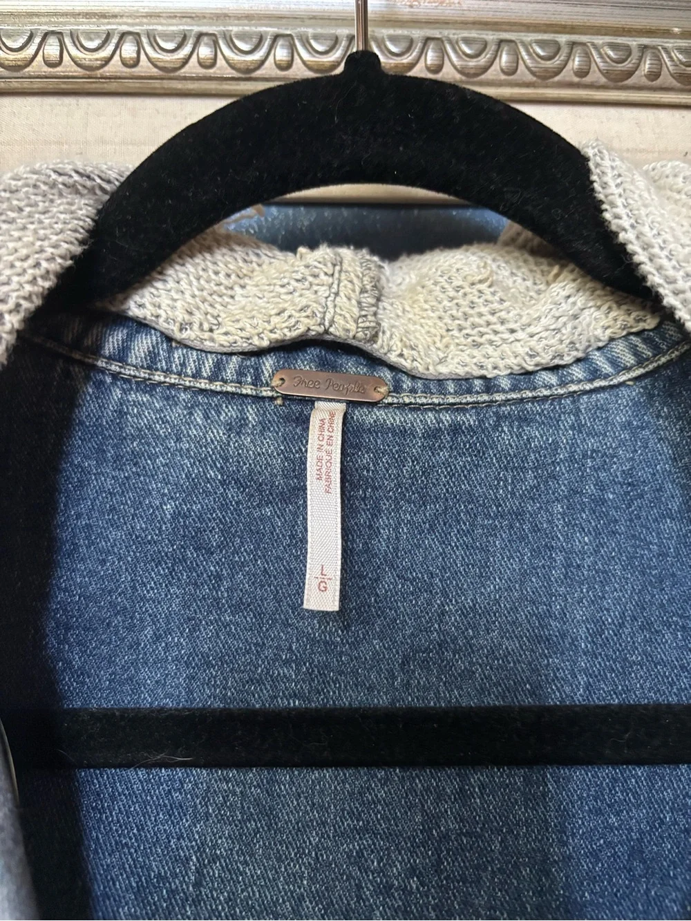 Free People denim jacket with knit hoodie in blue and gray - Picture 2 of 11
